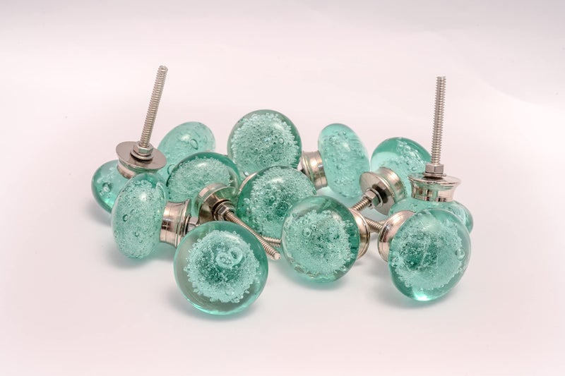 JGARTS Round Glass Dresser Drawer, Door, Cabinet Knob Brushed Nickel Hardware - - Pack of 12 (Aqua Green) - Image 1